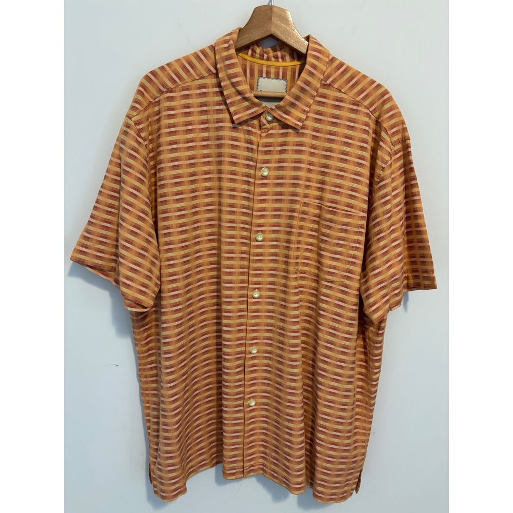 Tommy Bahama Mens XXL Orange Yellow Plaid Silk Cotton Short Sleeve Button Shirt